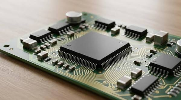 Illustrative square integrated circuit mounted on a populated circuit board